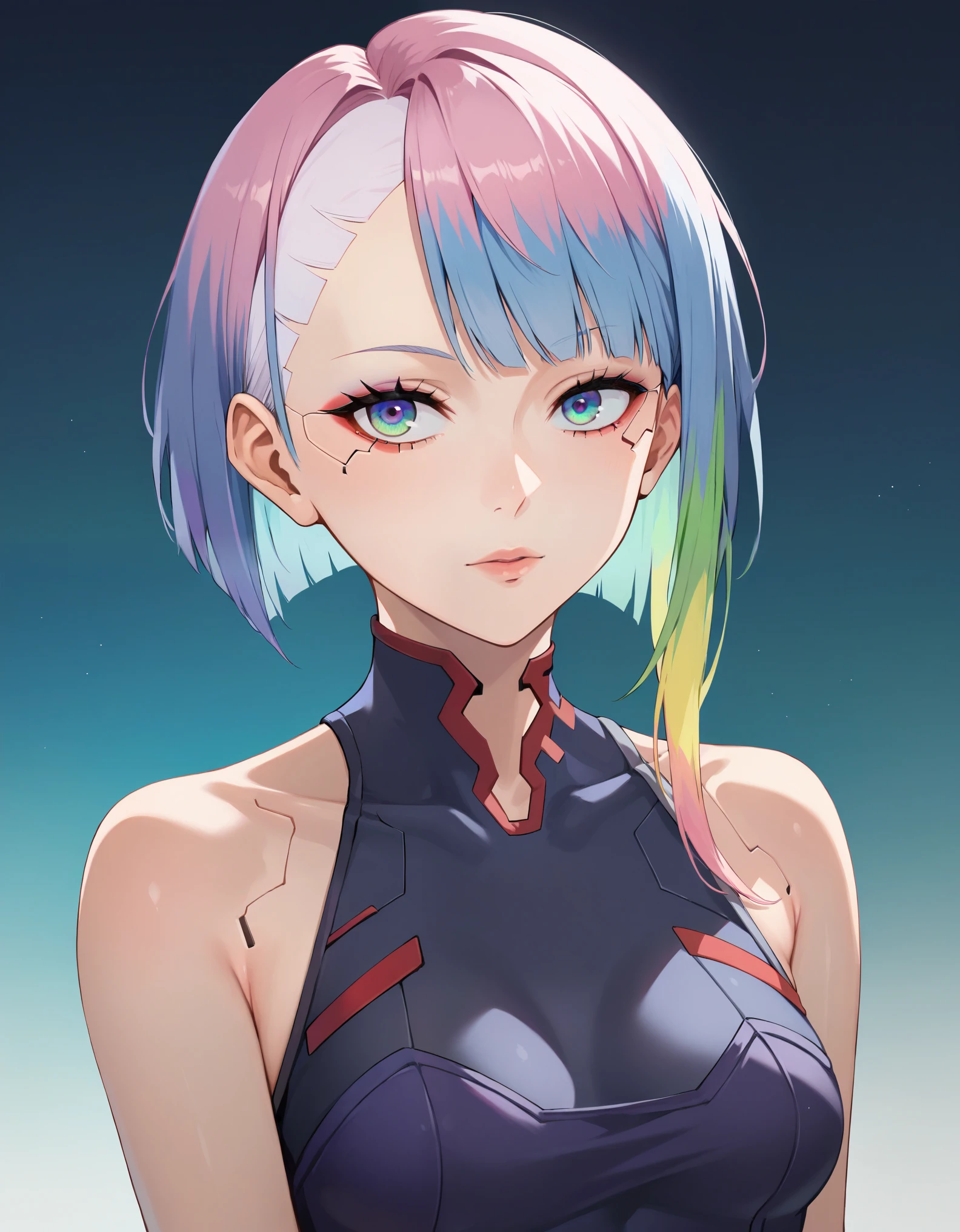 score_9, score_8_en haut, score_7_en haut, score_6_en haut, source d&#39;anime, PAUSE 1fille, seulement, yculpnxl, Lucie \(cyberpunk\), cheveux multicolores, Cheveux courts, makeen haut, Épaules nues, eye-liner, collant, zettaï ryôiki, en hautper body