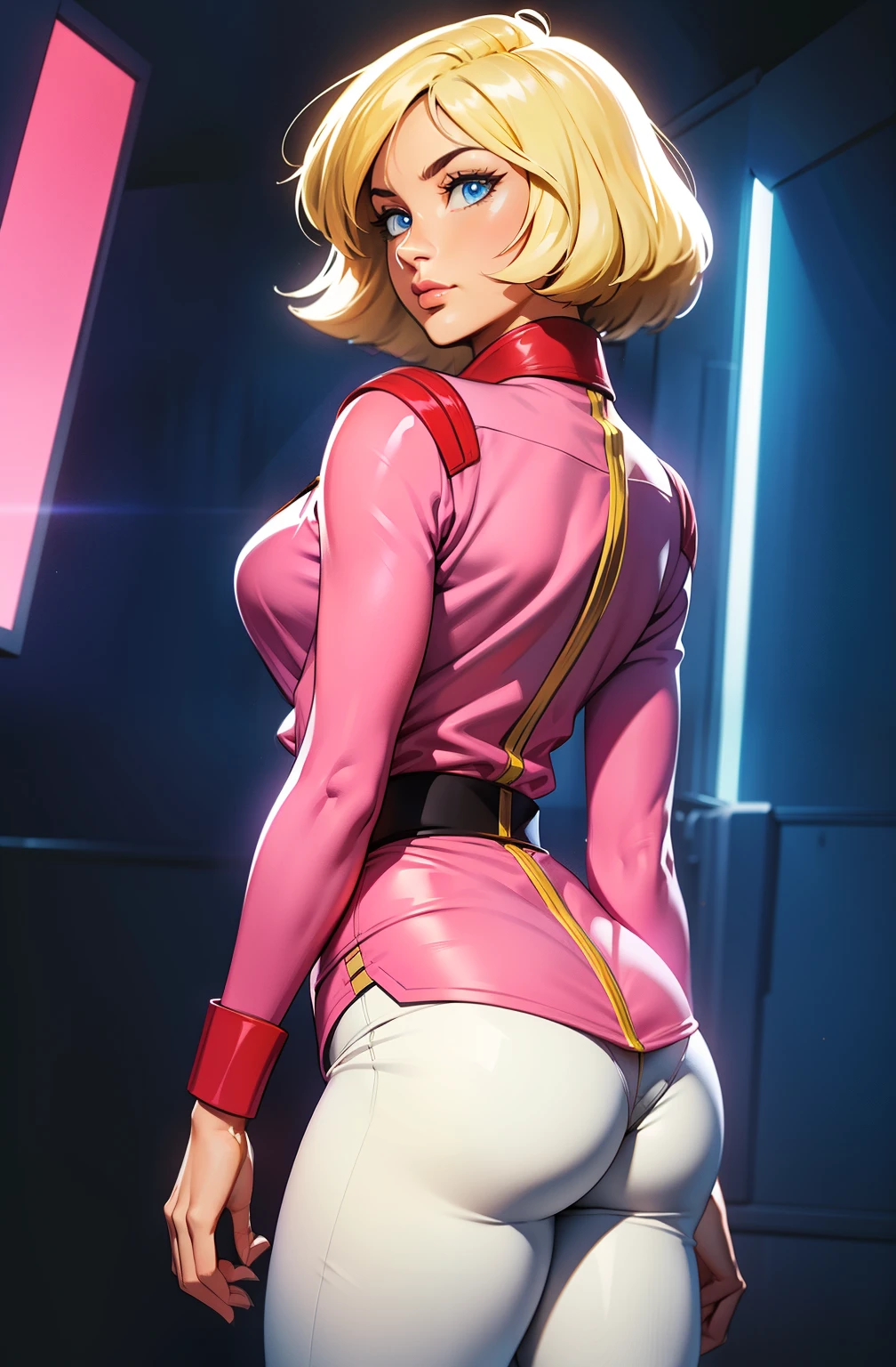 ((masterpiece)), ((cinematic lighting)), realistic photo、Real Images、Top image quality、1girl in, sayla mass, Elegant, masterpiece, Convoluted, slim arms, wide hips, thick thighs, thigh gaps, Best Quality, absurderes, high face detail, Perfect eyes, mature, Cowboy Shot, , Vibrant colors, soft pink uniform, soft pink Skirt, white tights, side view, shapely butt