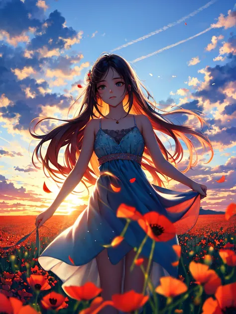 anime стиль, very good illustration, high detail, dynamic angle, excellent detail, 8k, summer day, poppy field at sunset, sunset...