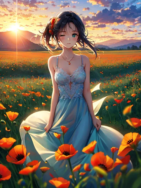 anime стиль, very good illustration, high detail, dynamic angle, excellent detail, 8k, summer day, poppy field at sunset, sunset...