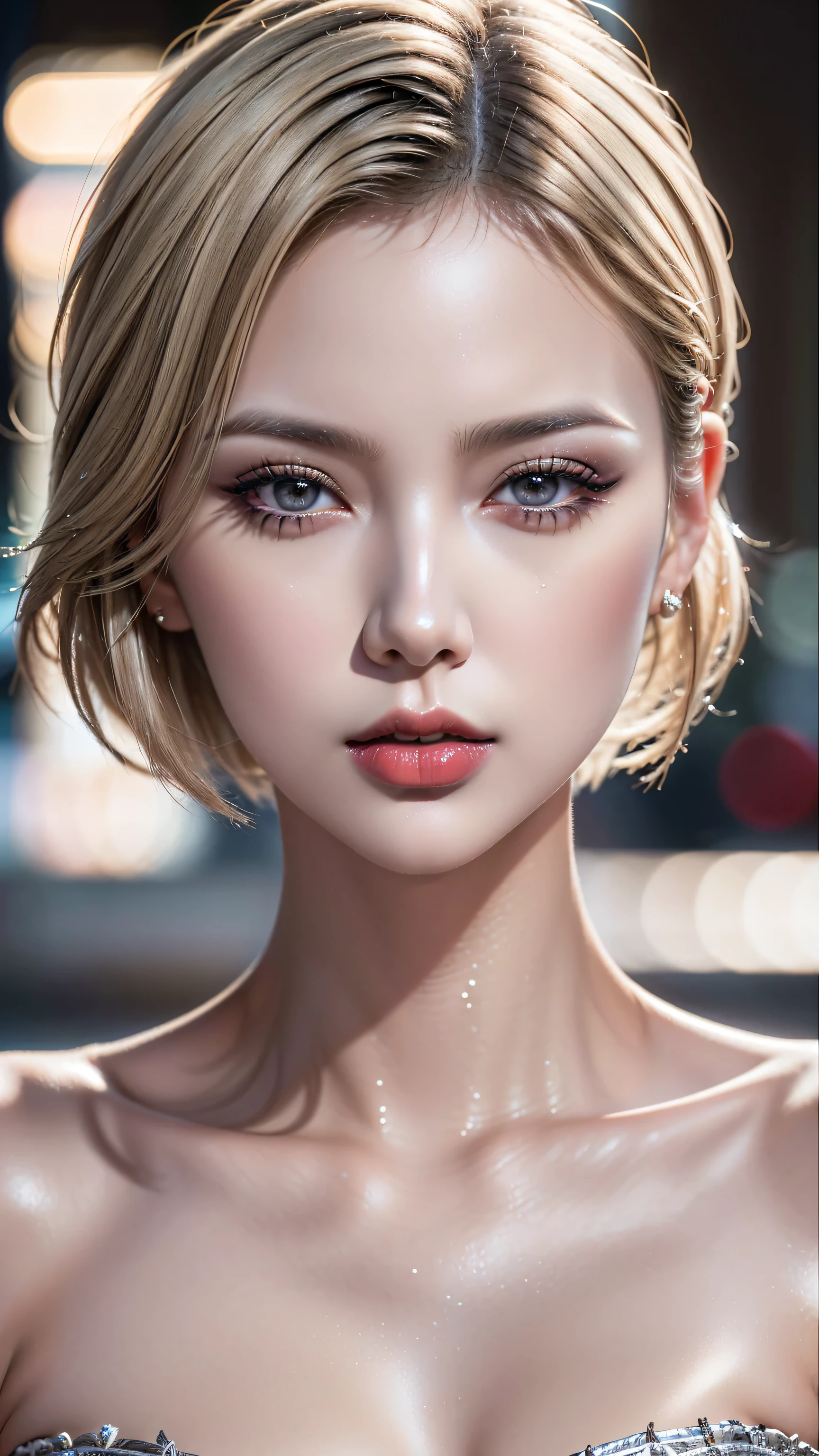 ReaLism, ReaListic, ((uLtra Intricat detaiLed: veLvety skin, bLonde short (hair sLicked to the side) symmetricaL Lips Light gLossy red_Lipstick round pupiLs, (brun_yeux:1.25, extrem ReaListic, cLear sharp yeux, in absurd quaLity, not bLurry)), ((anatomicaLLy correct)), ((Des proportions parfaites)), PhotoreaListic ((portrait)) a cute 1modeL:1.4 24 ans, dsLr, best high quaLity soft Lighting, sharp focus captured by FujifiLm XT3, f5.6, in a dramatic Lighting, L (composition parfaite), ((paLe skin)), ((peau sèche)), 