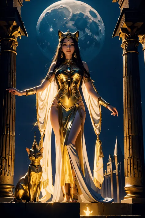 Moonlit Majesty: An Egyptian goddess stands tall at the base of a towering pyramid, her elegant cat ears glinting in the silver ...