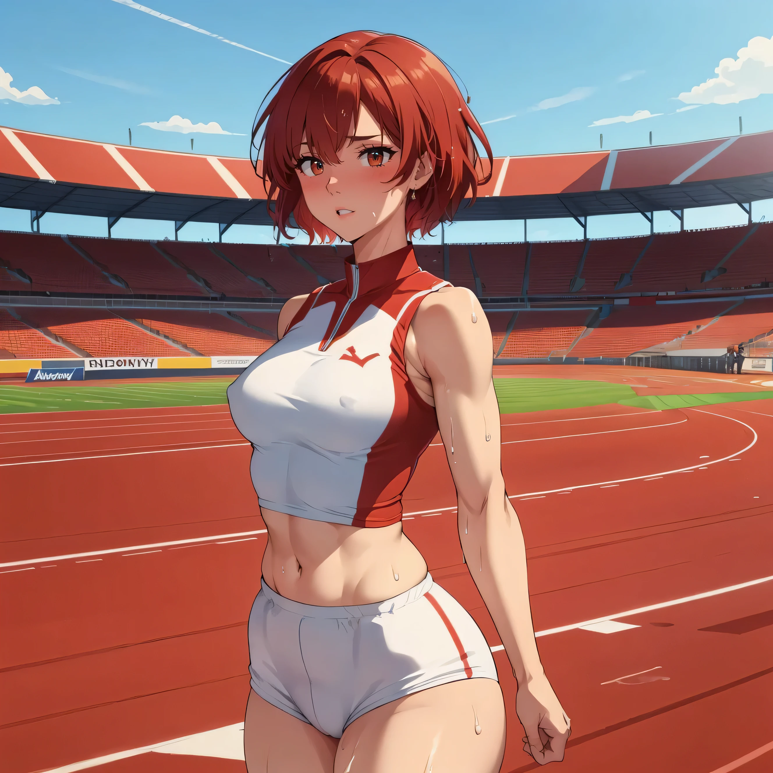 No background、Standing posture、Track and field athlete、Athletics Stadium、athlete、(1 female)、(Red hair、Short Medium Hair）、(Sleeveless track uniform、Racing Bloomer)、Ultra-detailed illustrations、Ultra-precision performance、masterpiece、highest quality、超High resolution、High resolution、（(Tired look、Sweat、body fluid)）、Mommyfy、