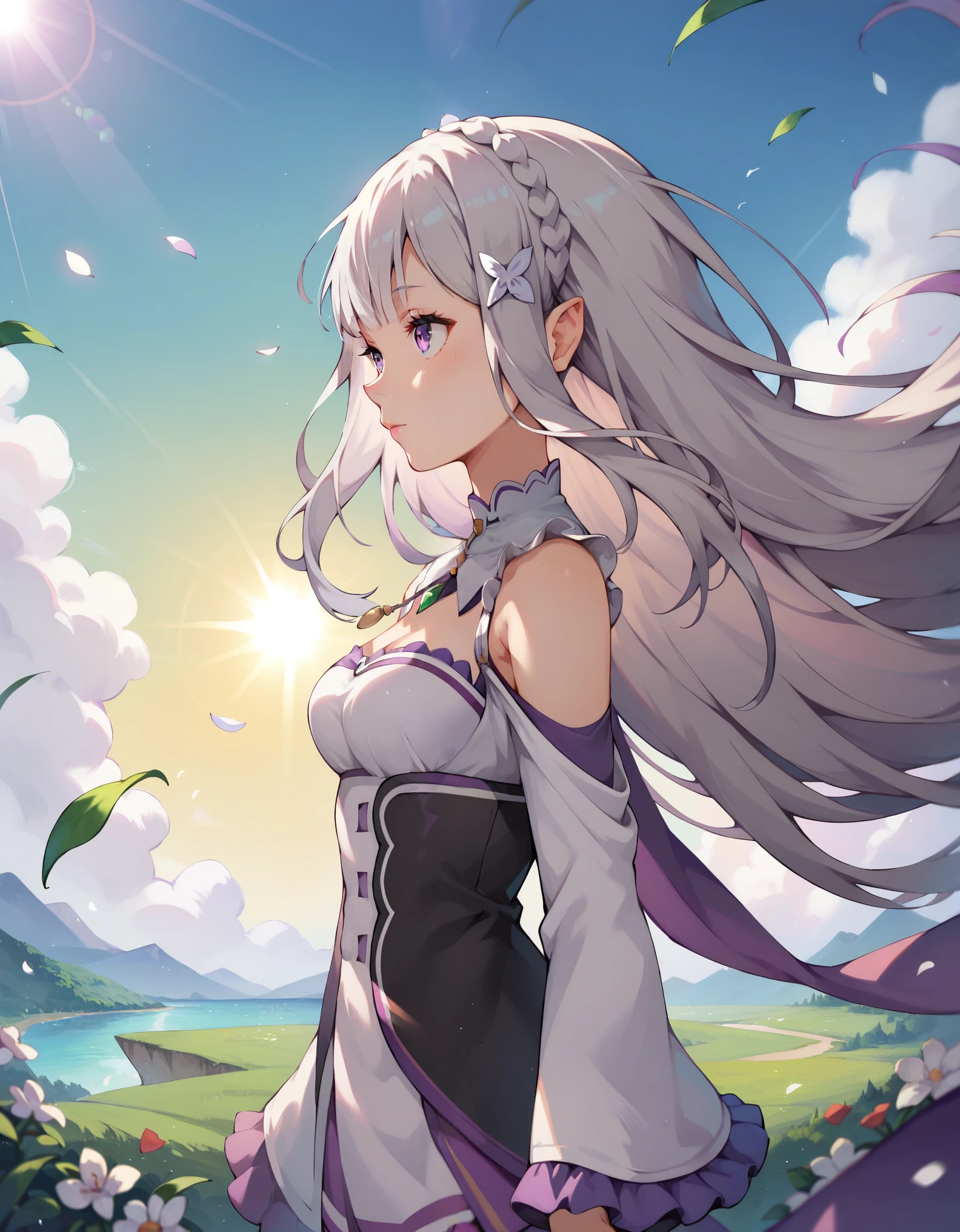 score_9, score_8_up, score_7_up, 1girl,re:emilia \(re:zero\),long hair,grey hair,day,sunlight,  floating hair,