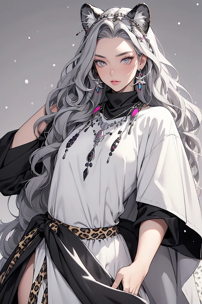 (masterpiece, highest quality:1.2),One girl, Upper Body,tail, large tail, Gray Hair, Very long hair, Wavy Hair, Grey Eyes, detailed eyes, Multicolored Hair, Circlet, Beaded Necklaces, Animal ears, Leopard Ears, Black Cape, White Dress, Hip vents, Pelvic Curtain, Grey knee socks, the snow&#39;s, the snow&#39;s mountains, Blizzard, Volumetric lighting, Scattered beneath the surface, Cinema Lighting, Chiaroscuro, Floating Hair, Place your hand on your chest