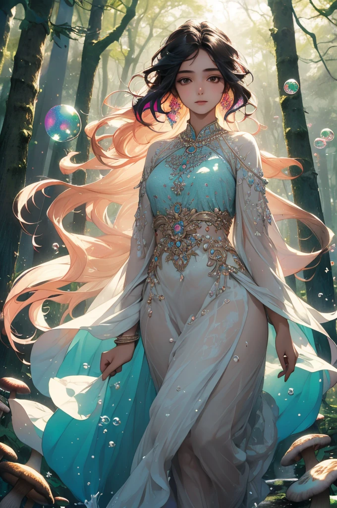 Nahida (masterpiece), (highest quality), (Super detailed),(Disheveled Hair),(figure), (One girl), Beautiful fine details,Delicate and beautiful face,floating,(High chroma),(Colorful splashes),Colorful Bubbles,(The Shining),Focus on the face, Walking through a forest filled with colorful mushrooms