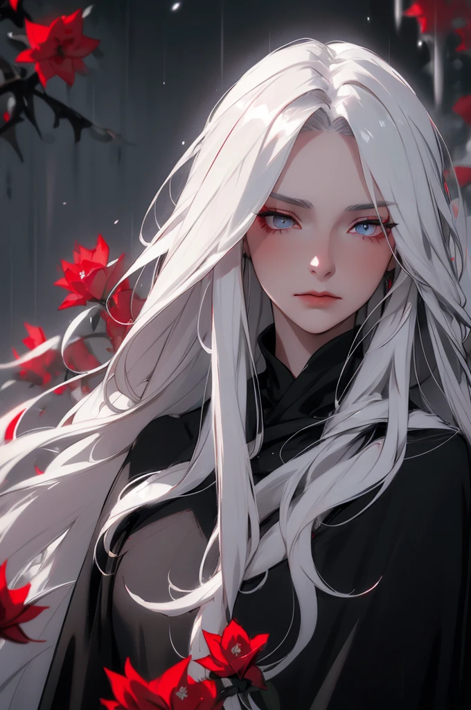 elegant woman with long silver hair, beautiful detailed eyes, detailed lighting, shallow depth of field, white hair, hair covering one eye, red flowers in hair, long black cloak, wet, emotionless, contemplative, night, starfall, raining, fog, falling red flowers, sketch-like, upper body, strong shadows