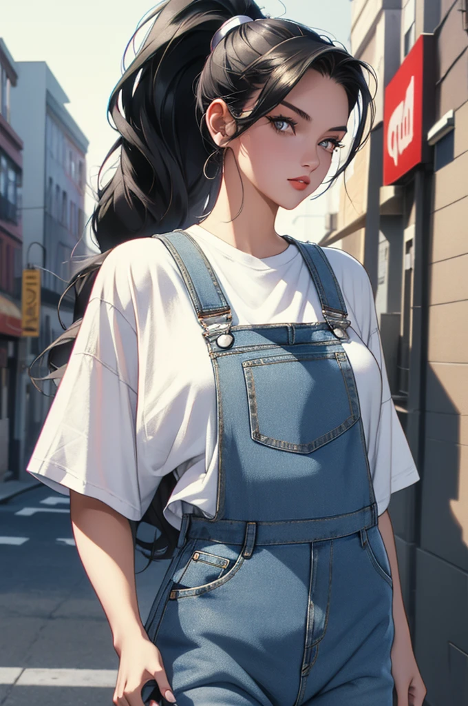 a beautiful young woman, 24 years old, walking down a street, wearing a t-shirt and denim overalls, with long wavy black hair in a ponytail, retro 1980s style, masterpiece, extremely detailed CG unity 8k wallpaper, complex, photorealistic