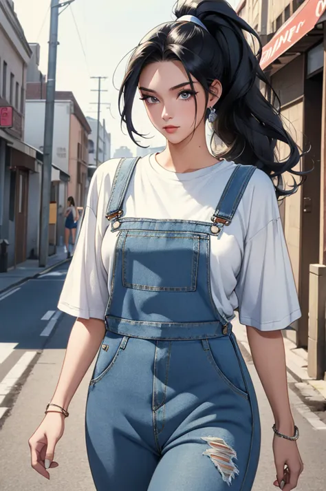 a beautiful young woman, 24 years old, walking down a street, wearing a t-shirt and denim overalls, with long wavy black hair in...