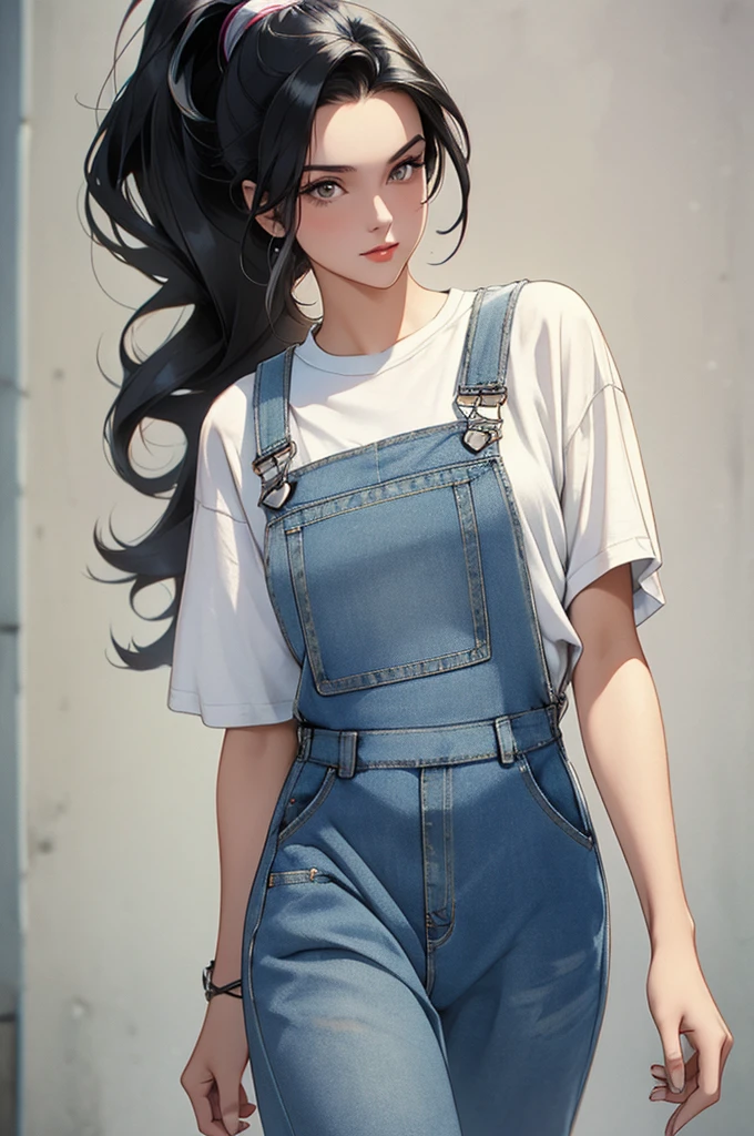 a beautiful young woman, 24 years old, walking down a street, wearing a t-shirt and denim overalls, with long wavy black hair in a ponytail, retro 1980s style, masterpiece, extremely detailed CG unity 8k wallpaper, complex, photorealistic