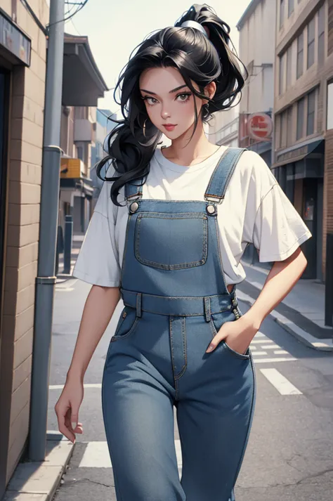 a beautiful young woman, 24 years old, walking down a street, wearing a t-shirt and denim overalls, with long wavy black hair in...