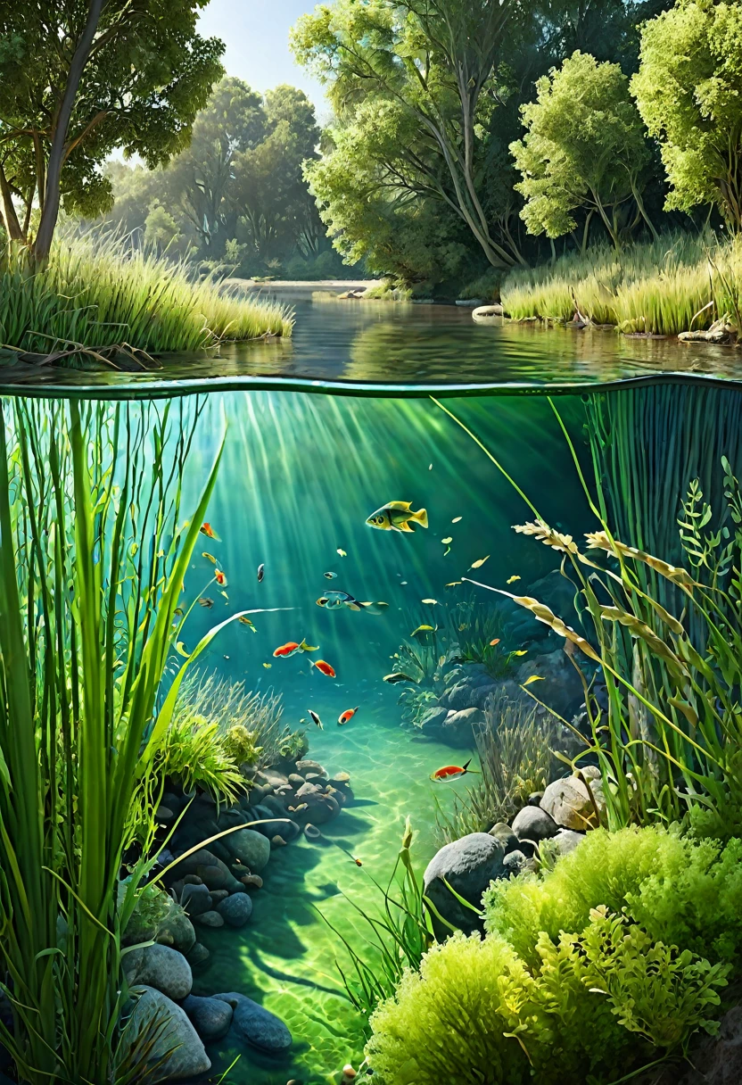 photorealistic of a river with fresh water, with a seawater fish swimming underwater, with algae and reeds, cutaway view of the river with trees on the bank