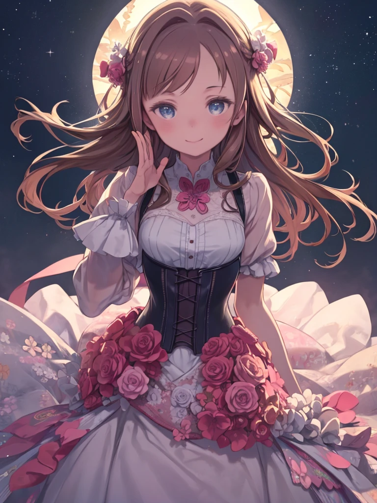 ((masterpiece)),((highest quality)), beautiful girl, Brown Hair, blue eyes, corset, Long Wavy Hair, Floral Dress, Pink lighting, Flowers, stoop down, Gentle expression, Dynamic pose, smile, Intricate Design, Stars in my eyes