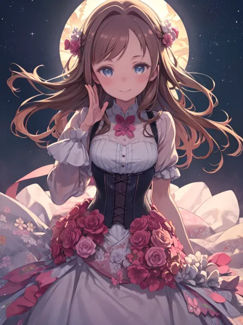 ((masterpiece)),((highest quality)), beautiful girl, Brown Hair, blue eyes, corset, Long Wavy Hair, Floral Dress, Pink lighting,...