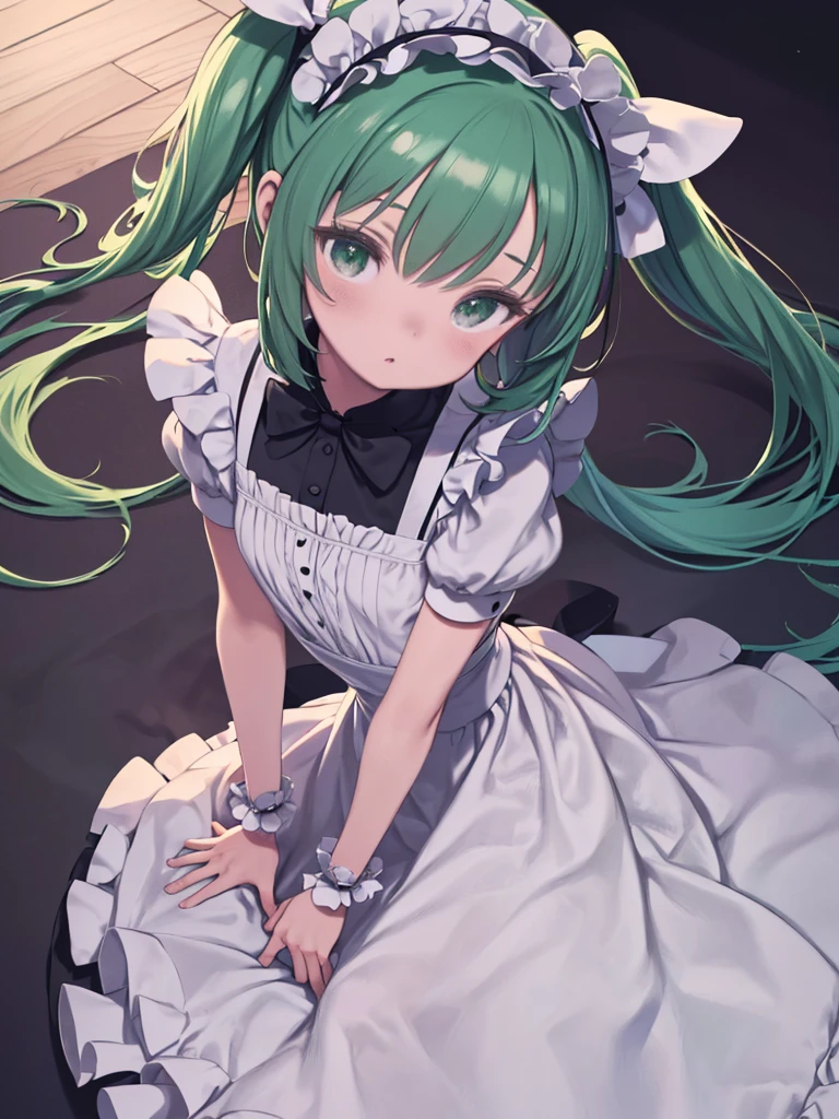 Tabletop, highest quality, shape, Very detailed, In detail, High resolution, 8k wallpaper, Perfect dynamic composition, ((close:1.3, From above, View your audience)), Beautiful details , (Wearing cotton maid clothes, , Cute Ruffle Girl Dress, Maid's headband, Base color is white、black、green),Twin tails