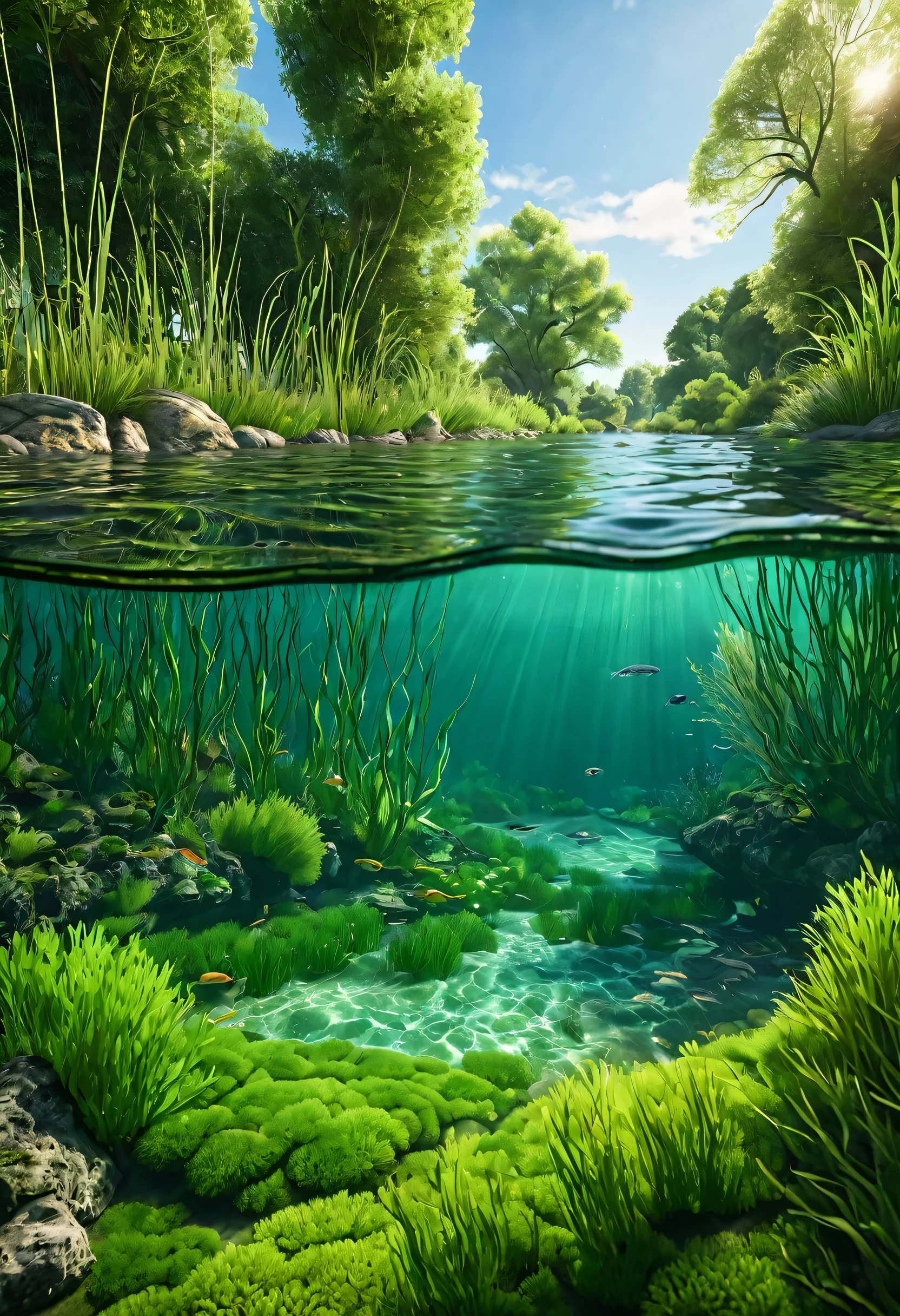 a photorealistic scene of a river with fresh clean water, a characteristic seawater fish swimming underwater, surrounded by lush green algae and tall reeds, cross-section view of the river with trees lining the banks, (best quality,4k,8k,highres,masterpiece:1.2),ultra-detailed,(realistic,photorealistic,photo-realistic:1.37),detailed underwater scene,stunning realistic lighting,dynamic underwater composition,dramatic water reflections,intricate fish anatomy,vibrant green algae,detailed foliage,serene natural environment