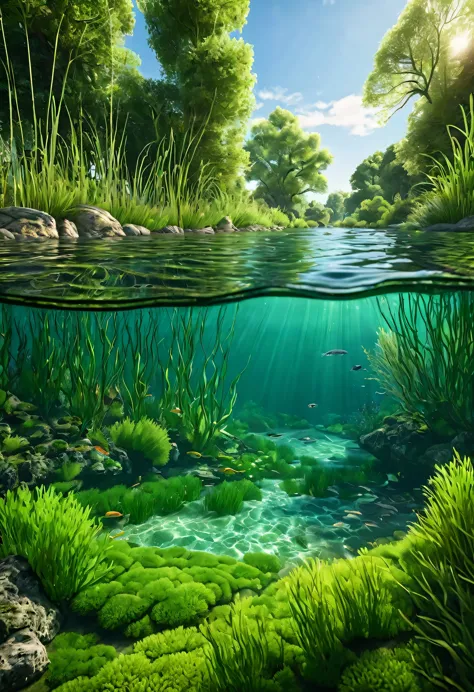 a photorealistic scene of a river with fresh clean water, a characteristic seawater fish swimming underwater, surrounded by lush...