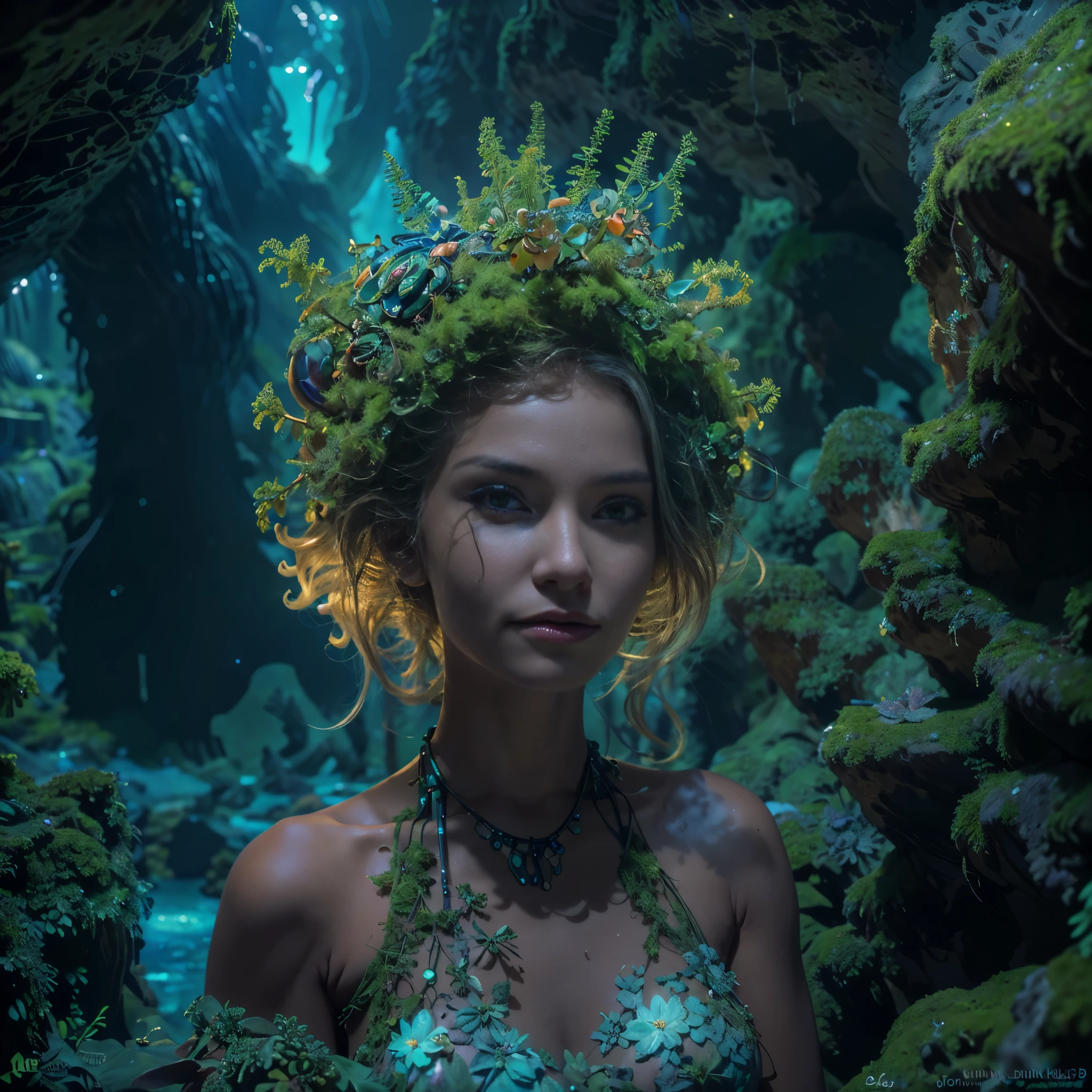 (Best quality, 8k, 32k, Masterpiece, UHD:1.2) water nymph welcomes you to her underground kingdom, deep underground, subterranean, jewelry, clothed, sfw, ((atlantis)), warm light, bioluminescent, smile, coral, moss, seabed, cave,  liz.ashley 