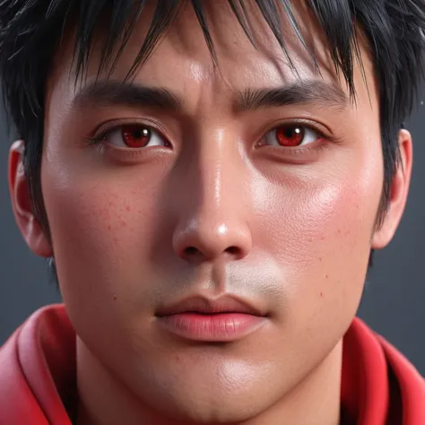 Close-up of a man wearing red clothes, RTM germs ; Real 3D engine, Smooth 3d cg rendering, realistic anime, 8K vertical renderin...