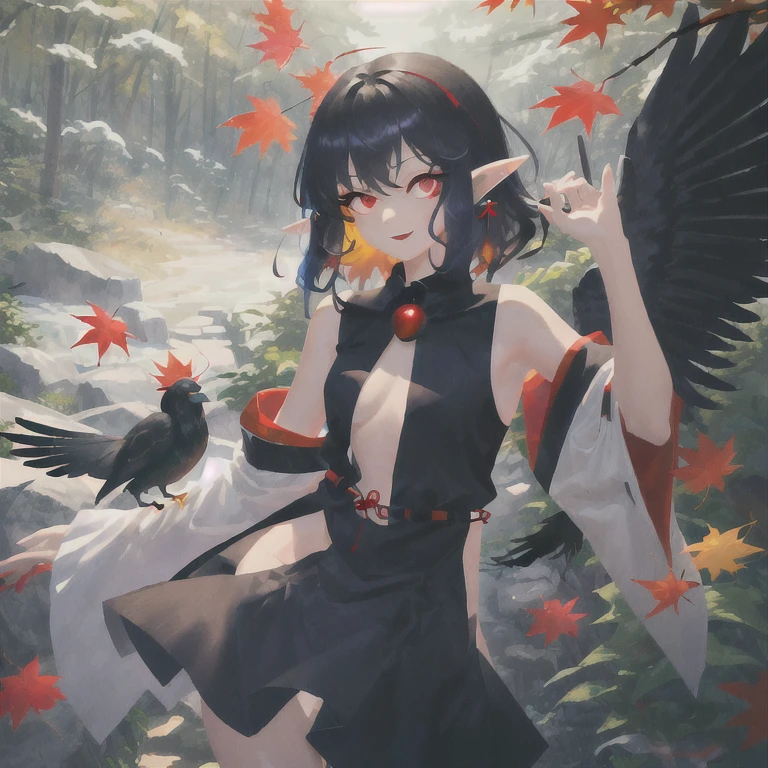 (One girl:1). masterpiece, magnificent, best quality, full body. Maple forest. (Standing). (Black hair, bushy hair, fluffy hair), red eyes, elf ears, (crow wings). (Thin waist, small hips). maple leafs. (Bright colors) .(Perfect hips). (Tengu clothes, tengu outfit, sleeveless:1). (Clothes on strings:1). (Happy). 