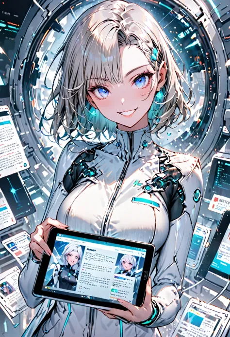 solo, female, sfw, medium, assistant, futuristic, eager smile, tablet, newsletter
