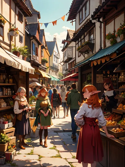 masterpiece, high quality, people, (long elf ears), (orange hair), medieval market place, crowds of elves,