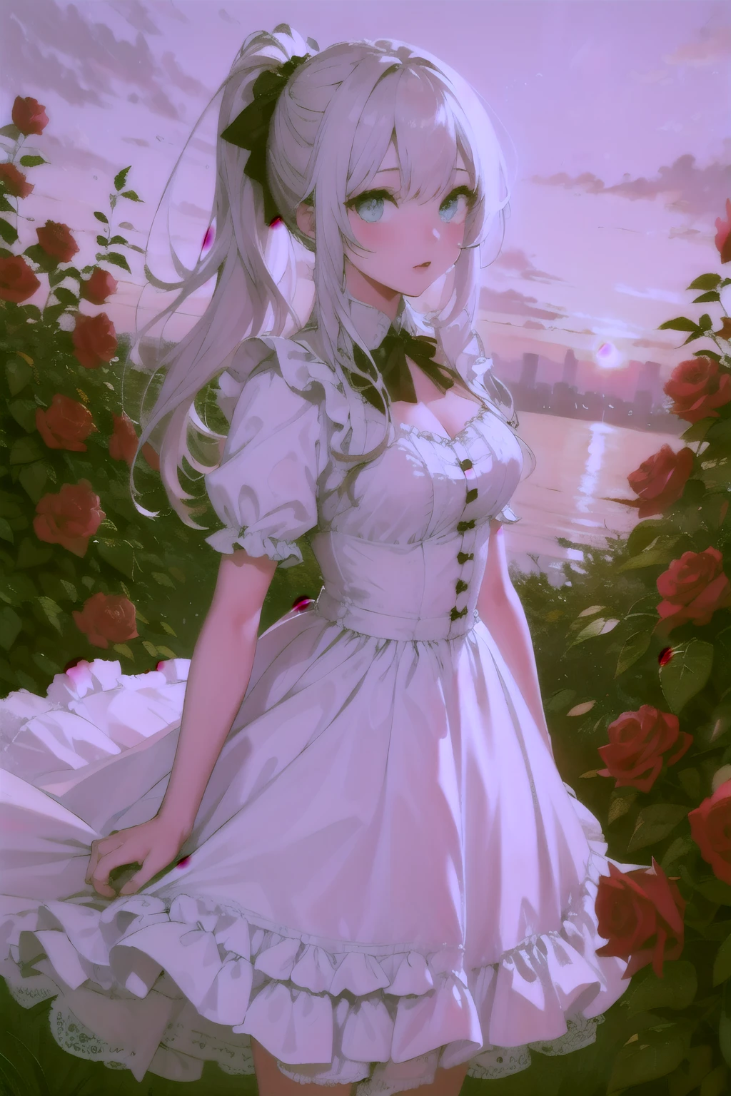 ((best quality)), ((masterpiece)), (detailed), perfect face, long silver hair, ponytail, sky blue eyes, white lolita dress, rose bushes, sunset