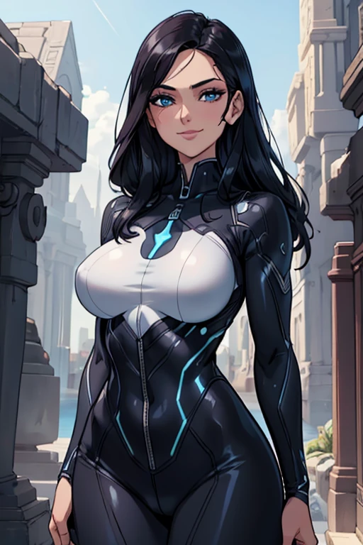 (work of art, Best quality, absurd, 4K, aesthetics, perfect eyes, perfect face, detailed, intricate, Perfect Lighting) 1 girl with fair skin, long dark hair, wears a futuristic dark blue and white bodysuit, heroine, queen of an alien race, warrior, gentle smile, strong, muscular,