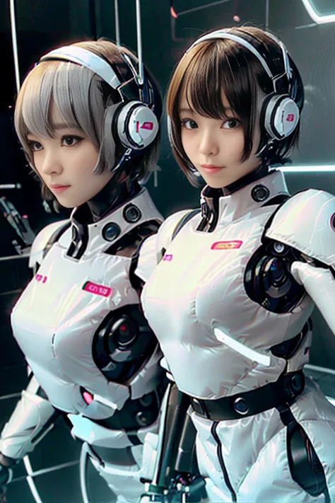 a girl in a futuristic bright white heavily armored robot suit takes a photo、perfect android girl, female cyborg body, perfect a...