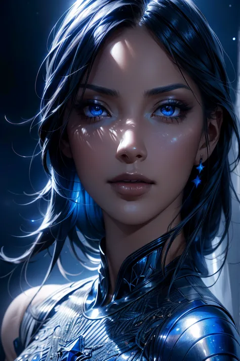 a highly detailed, realistic portrait of a young woman with beautiful, detailed eyes, nose, and lips, wearing a blue armor suit ...