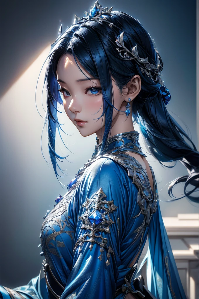 detailed portrait of a young woman in a silver and blue dress, close-up, art station by chen wei pan, by yan j, intricate fantasy art, stunning character art, fanart of the highest quality art station, grand and intricate character art, beautiful armor, highly detailed art gem, detailed digital anime art, artgerm's artstation pixiv, armored girl, back shot, full body.