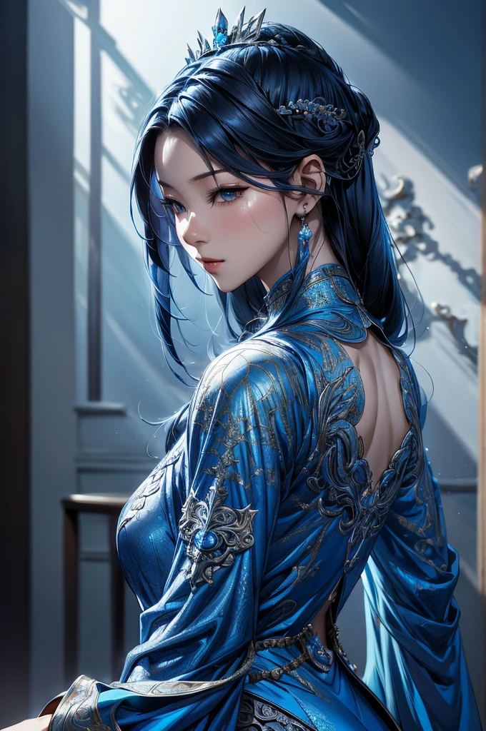 detailed portrait of a young woman in a silver and blue dress, close-up, art station by chen wei pan, by yan j, intricate fantasy art, stunning character art, fanart of the highest quality art station, grand and intricate character art, beautiful armor, highly detailed art gem, detailed digital anime art, artgerm's artstation pixiv, armored girl, back shot, full body.