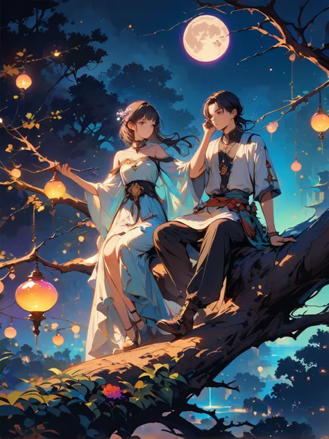 yinji, romantic ancient style，night，backlight，a man and a woman sitting on a tree branch，there is a full moon behind，fresh color...