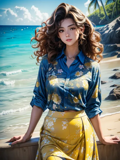 a beautiful detailed portrait of a young 22 year old american woman with large curly hair wearing a yellow floral skirt and open...