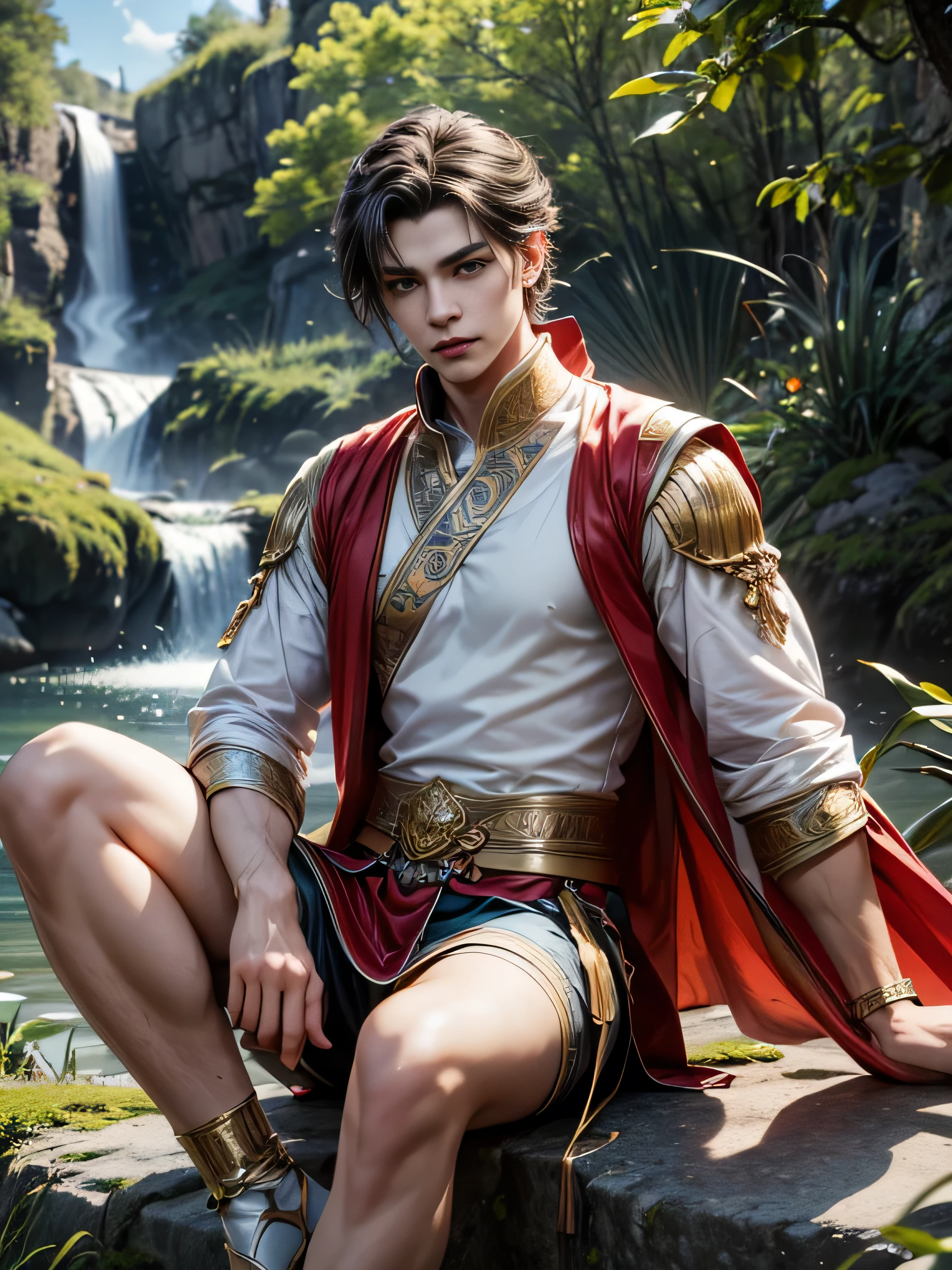 (Best quality, 8K, masterpiece, HDR, soft lighting, perfect image, realistic, Bright), Fox guy sitting on a stone in a forest with a waterfall, landscape with a mountain waterfall in the background, handsome man, he has beautiful blue eyes and a kind smile, black hair, naked torso with developed body, (Fantasy ultra high quality art, latest fantasy), masterpiece, Ultra high quality male and female character designs, anime art with 8k development, realistic anime art, wallpaper illustrations of the highest quality, complex ultra high quality accurate faces of male characters, high quality design and precision physics (ultra high quality fantasy style)), art, dark fantasy)) Style), Masterpieceы, super quality characters, resolution anime - 8k, realistic anime art, highest quality wallpaper illustration, Ultra-high facial detail, high-quality design and physics accuracy), by color, depth of field, to the shadows, ray tracing, high quality and production of computer wallpapers in 8K resolution, Ethereal Fox, meditates, artistic 8k, Calm facial expression, 8k art, meditation pose, zen meditation cyberpunk, fantasy love fox, Dark Fox Mage, (Accurate simulation of the interaction of light and material)], [Carefully detailed hair [Read more about beautiful and shiny hair]], (Perfectly detailed hands [perfect fingers [Beautiful nails]], (Perfectly detailed legs and feet [perfect fingers [Beautiful nails]], (perfect anatomy (perfect proportions)) [[ Look at full growth]], [Ideal color coordination (Accurate simulation of the interaction of light and material)], [art, conveying the meaning of history]