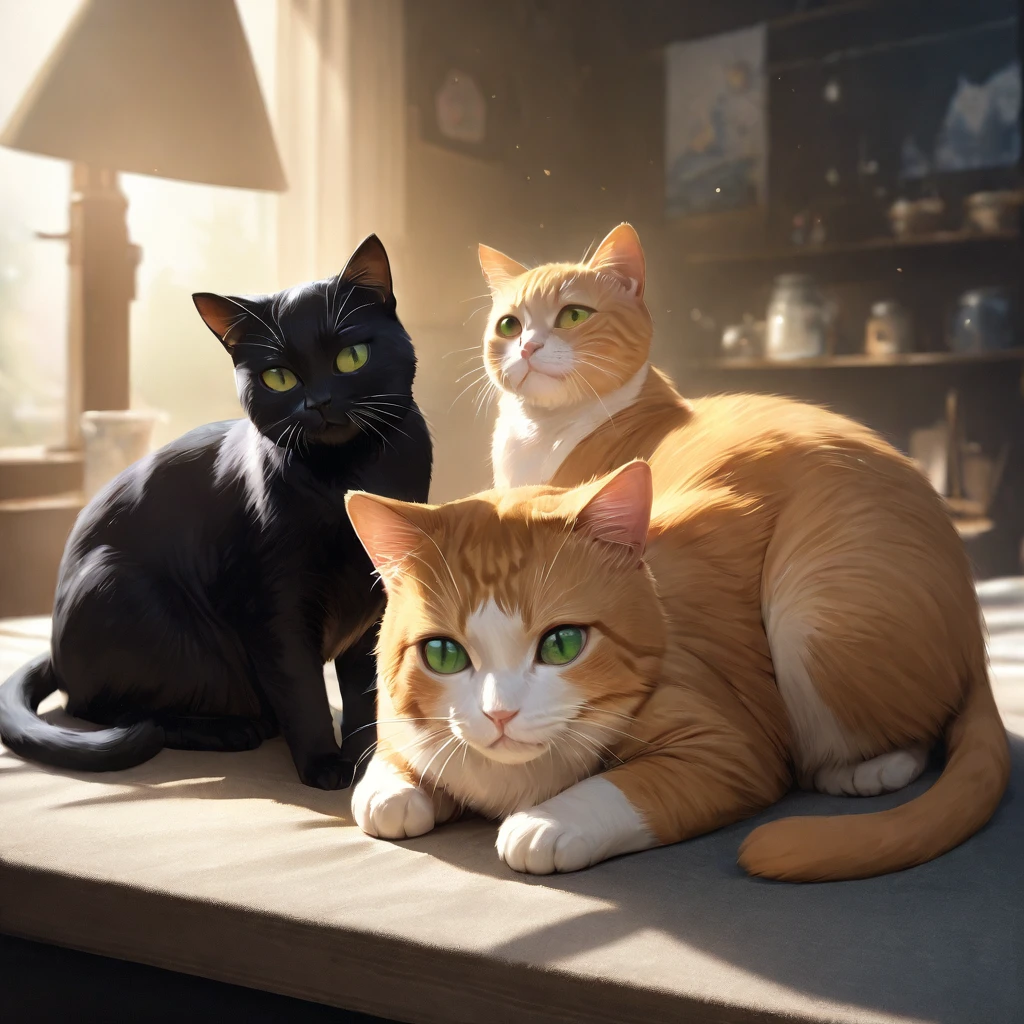 2 hermosos gatos, gato negro, Gato anaranjado, gatos con ojos verdes, gatos abrazándose, atmósfera mágica, lindo ambiente, Obra maestra, mejor calidad, 8k, ultra detallado, Realista, photoRealista, iluminación de estudio, colores vívidos
