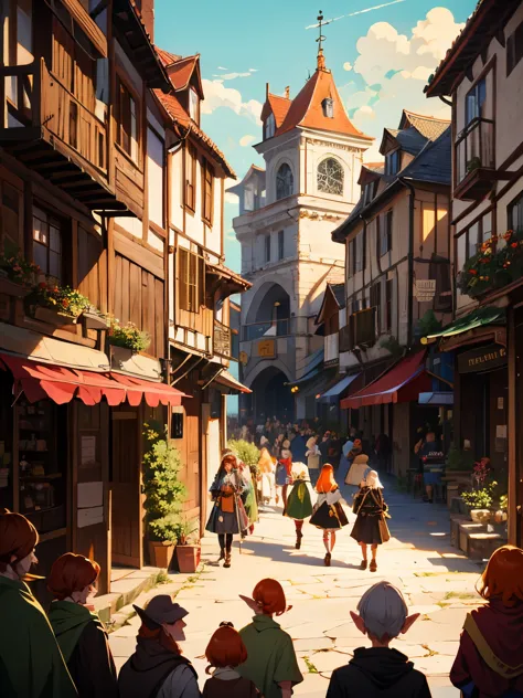 masterpiece, high quality, elves, (long elf ears), (orange hair), medieval town square, fantasy buildings, crowd of elves, fanta...