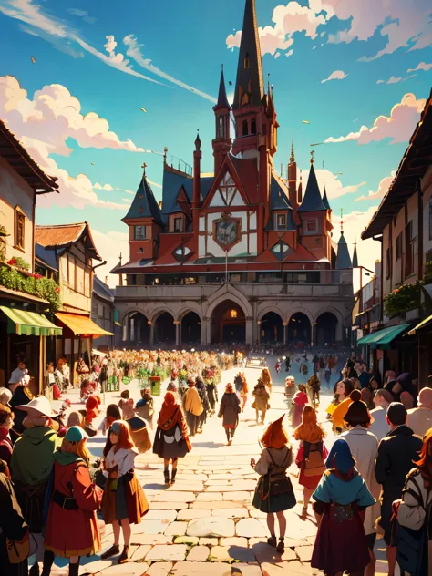 masterpiece, high quality, elves, (long elf ears), (orange hair), medieval town square, fantasy buildings, crowd of elves, fanta...