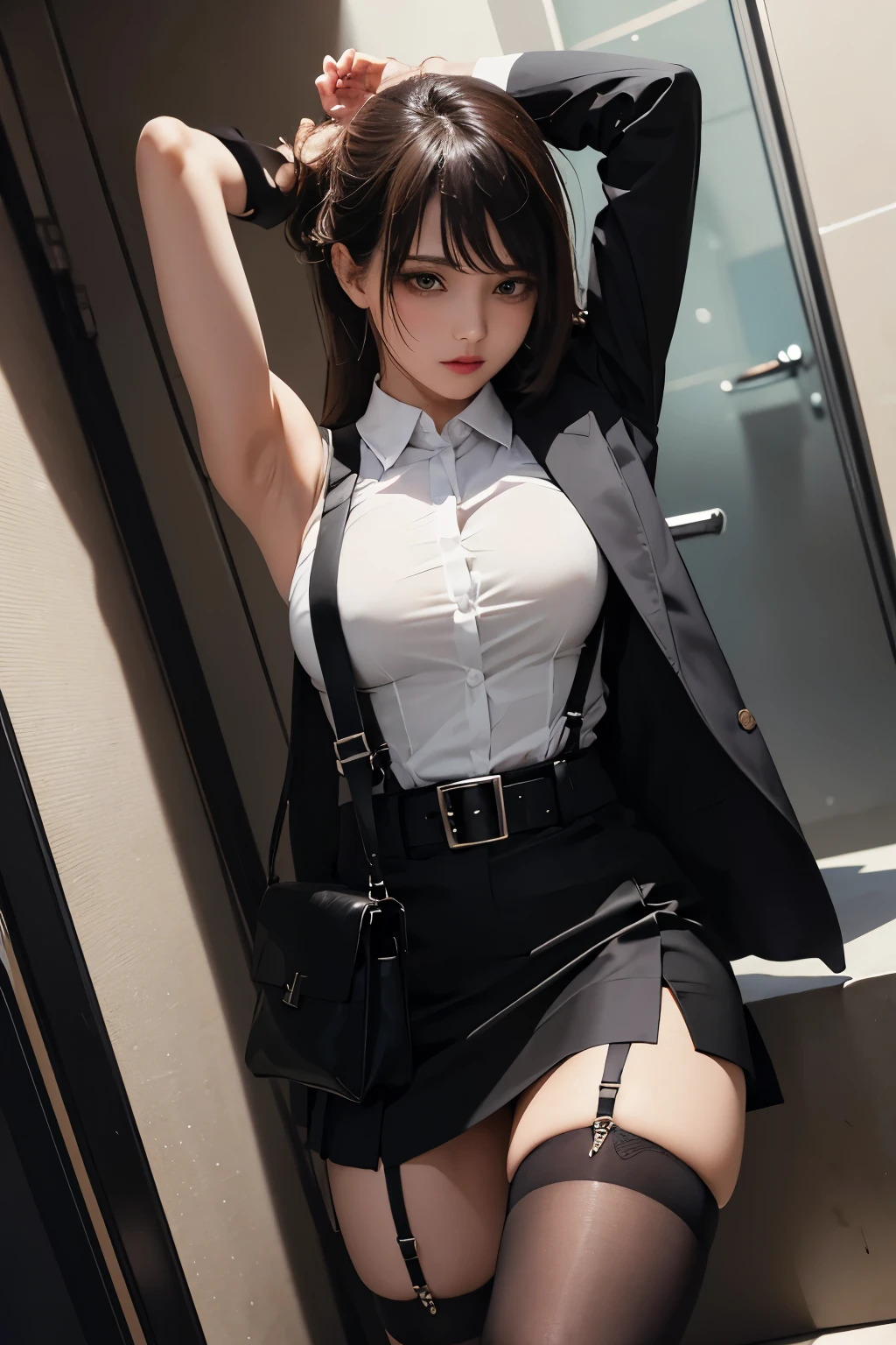 Suit,Collared shirt,Belt bag,Suspenders black mini skirt　garterbelts　knee high　Stockings　Black Niso　Colorcon armpit sweat　perspiring　Side of both hands,Black jacket,Gaze,ample bosom,Armpit sweat,Exposing the armpits"Pichi Pichi clothes