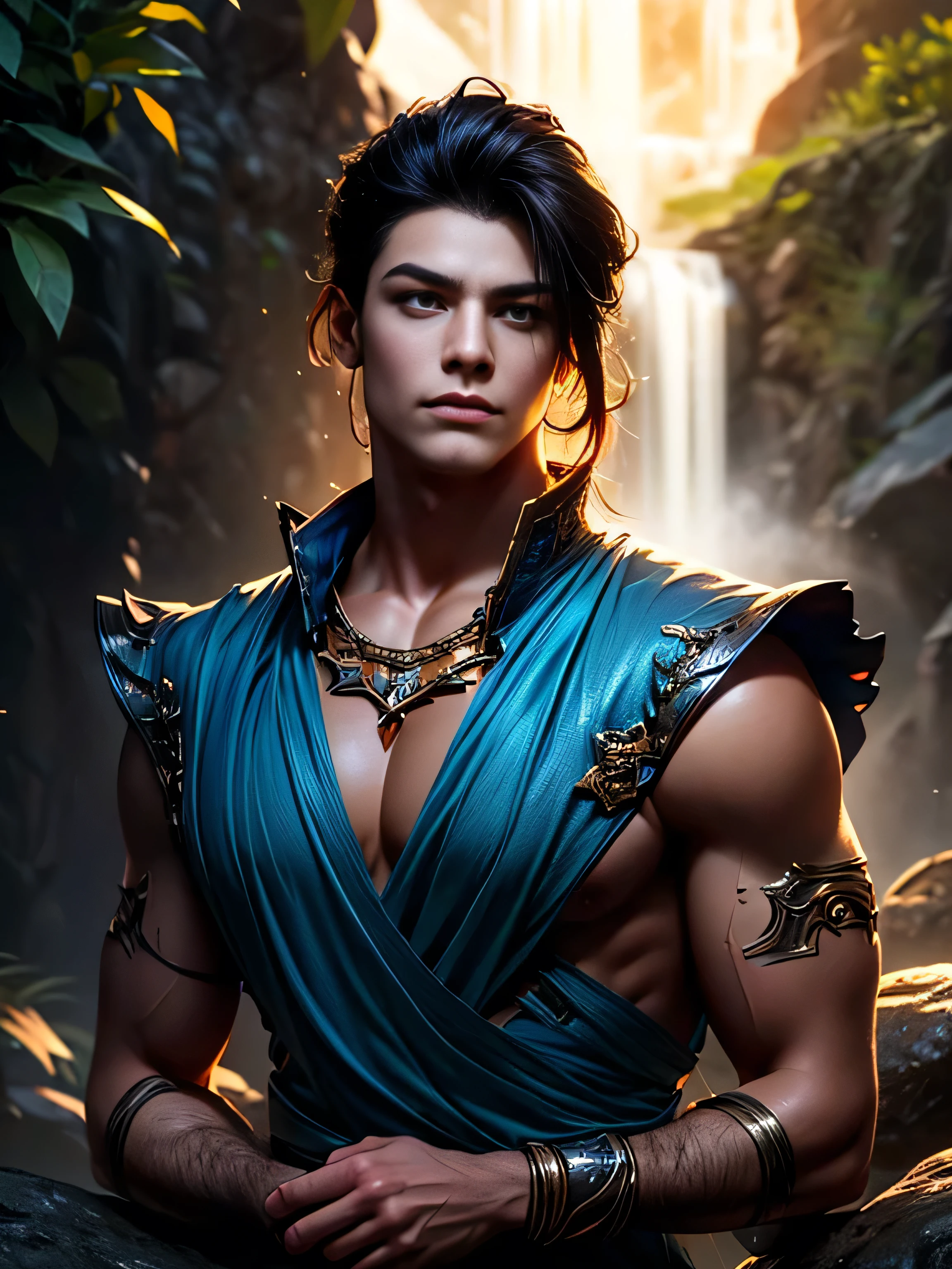 (Best quality, 8K, masterpiece, HDR, soft lighting, perfect image, realistic, Bright), Fox guy sitting on a stone in a forest with a waterfall, landscape with a mountain waterfall in the background, handsome man, he has beautiful blue eyes and a kind smile, black hair, naked torso with developed body, (Fantasy ultra high quality art, latest fantasy), masterpiece, Ultra high quality male and female character designs, anime art with 8k development, realistic anime art, wallpaper illustrations of the highest quality, complex ultra high quality accurate faces of male characters, high quality design and precision physics (ultra high quality fantasy style)), art, dark fantasy)) Style), Masterpieceы, super quality characters, resolution anime - 8k, realistic anime art, highest quality wallpaper illustration, Ultra-high facial detail, high-quality design and physics accuracy), by color, depth of field, to the shadows, ray tracing, high quality and production of computer wallpapers in 8K resolution, Ethereal Fox, meditates, artistic 8k, Calm facial expression, 8k art, meditation pose, zen meditation cyberpunk, fantasy love fox, Dark Fox Mage, (Accurate simulation of the interaction of light and material)], [Carefully detailed hair [Read more about beautiful and shiny hair]], (Perfectly detailed hands [perfect fingers [Beautiful nails]], (Perfectly detailed feet [perfect fingers [Beautiful nails]], (perfect anatomy (perfect proportions)) [[ Look at full growth]], [Ideal color coordination (Accurate simulation of the interaction of light and material)], [art, conveying the meaning of history]