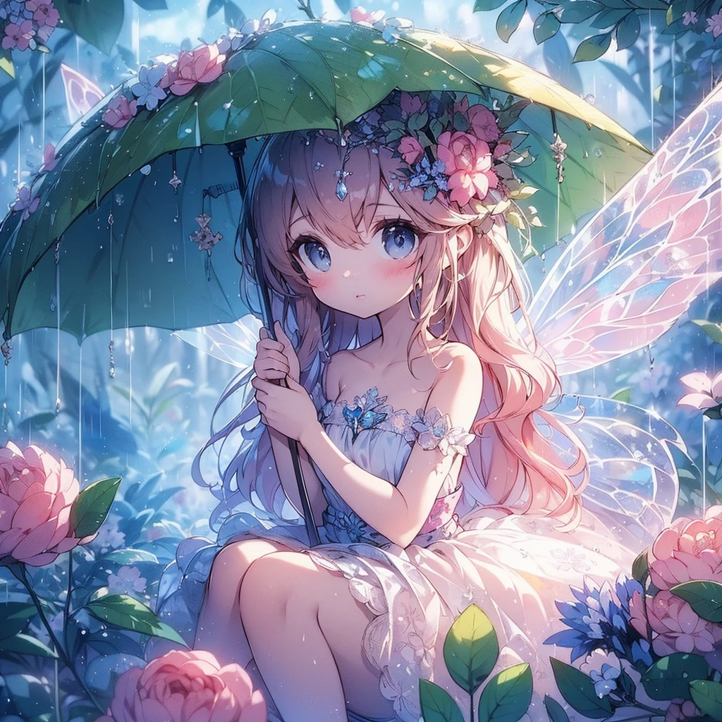 (Exquisite, beautiful, Very detailed, masterpiece, high quality,High resolution),(Well-formed face,Soft and thin lines: 1.2, A mature, beautiful and delicate illustration with a sense of transparency., Pixiv-inspired anime illustration,Cute pastel-colored girl illustrations that go viral among Japanese people on Twitter),A fairy princess with fairy wings is hiding in the large leaves in the rain in the Fairy Forest.,front,Whole body,whole body,rain,Fairy Forest,flower,large leaves,(Transparent fairy wings grow from your back), (Dazzling Smile), (Pearl Tiara, Pearl Earrings, Pearl Choker), A frilly dress with pastel-colored ribbons, lace and ruffles., (Pale pink blush, Plump pink lips,Large Bust,Fair skin, Good style),Bright colors,Eye-catching colors,Dynamic Angles