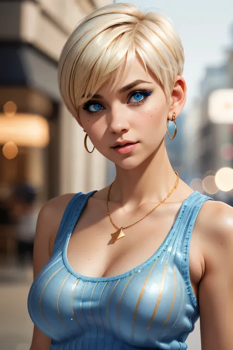 1 girl, blue eyes, blond pixie cut hair, blue mascara makeup, big breasts, cropped knit tank top, necklace, gold earrings, portr...