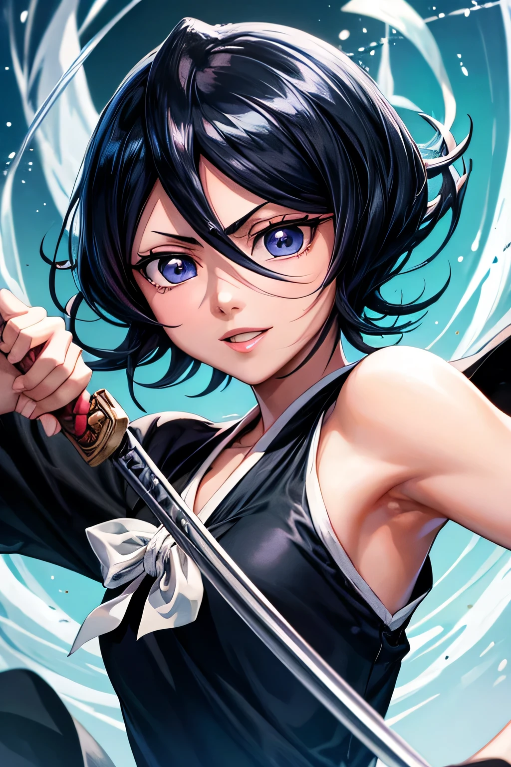 Chef-d'œuvre ultra détaillé Rukia Kuchiki Bleach aux yeux bleus, cheveux courts noirs, belle fille souriante avec un katana et un gros plan de votre visage. avec une robe bleue