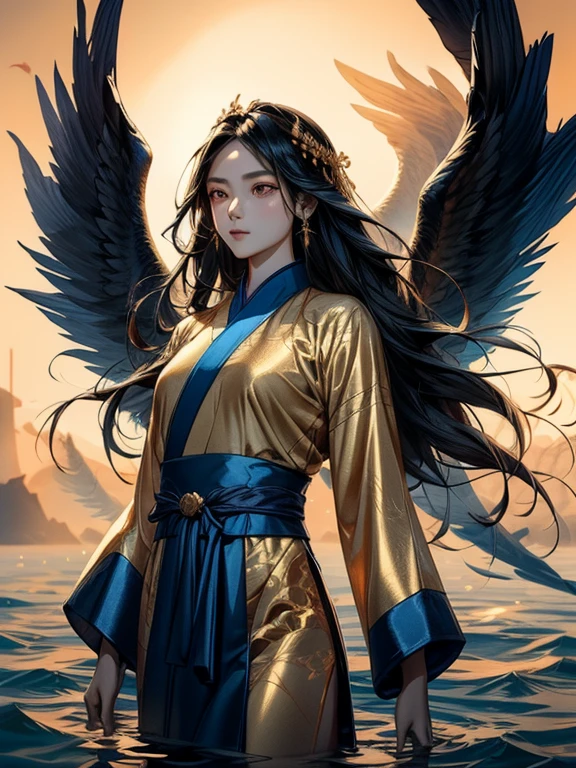 Beautiful Chinese girl standing on the water, Fog reflection, A giant phoenix floating in the sky, magic, Fantasy, Dynamic posture, It is made up of colorful flames, Delicate face, Delicate eyes, Long black and golden hair, Wearing amber and sky blue Hanfu, Delicate and intricate patterns, Ink Painting, Glowing in gold, A magnificent composition, Soft Shadows, Clean and sharp focus, Cinematography, Center Configuration, Poster Design, Film Photography, Panorama, 32k 