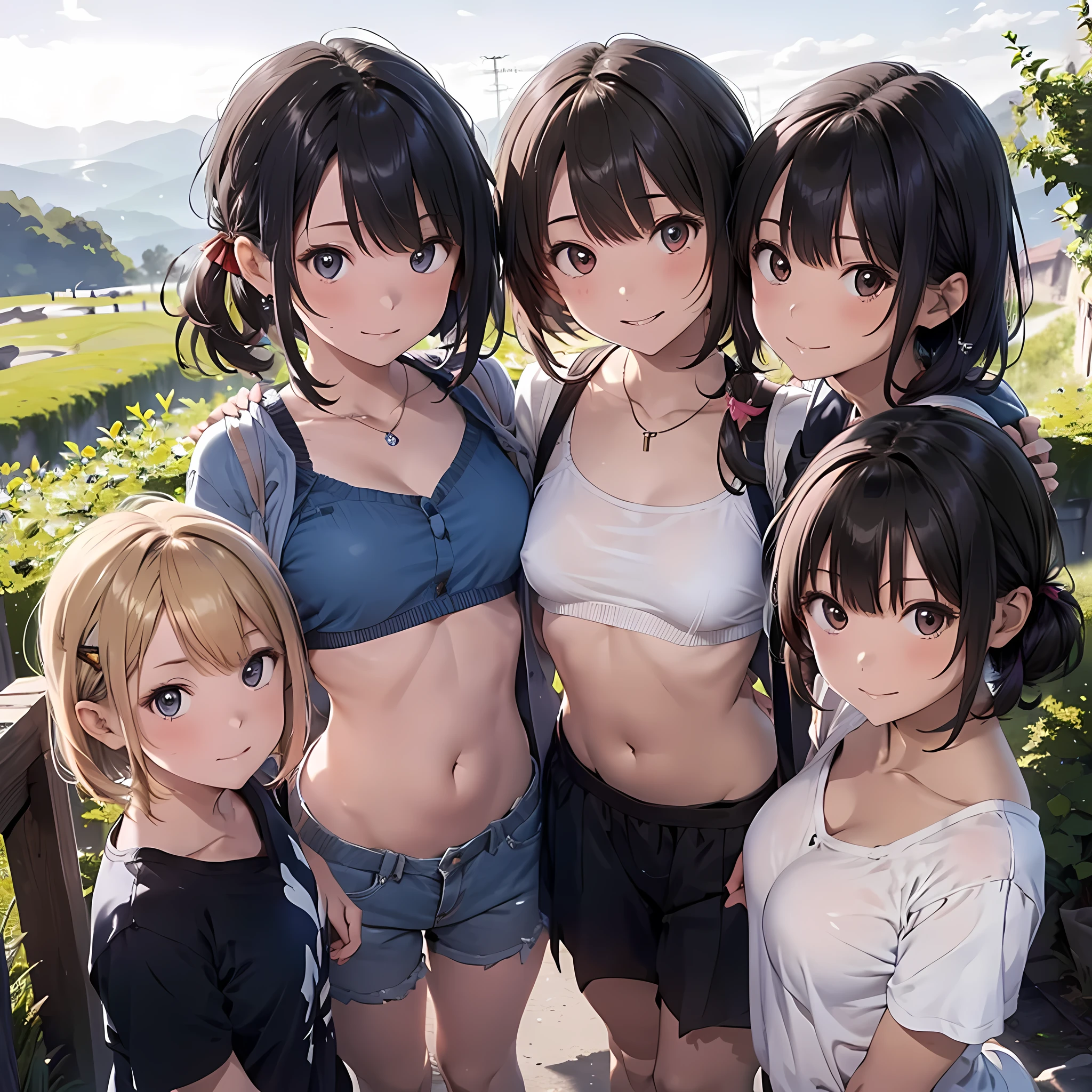 ((masterpiece, 最high quality, 超high quality, high quality, Super detailed, Intricate and detailed, Perfect Anatomy, Shiny skin)), ((Upper Body:1.2)), (Three women posing for the camera:1.4), (On the mountain path,At the Summit), (sunset), (Lift up your camisole), (Full nudity:1.4), (smile, shy, Red cheeks, blush:1.2), (Open your mouth:1.6), (Stand in line) , Brown Hair, Blonde, belly button, jewelry, View Viewer, necklace, Long Hair, short hair, Abdominal muscles,  Straight hair, Bobcut, Blunt bangs, Silky Hair, Hair Clip, hair band, Hair Ribbon, One-length haircuts, Ducktail, Outward curled hair, French twist hair, Twin tails, Side Ponytail, Single Blade, Wavy Hair,