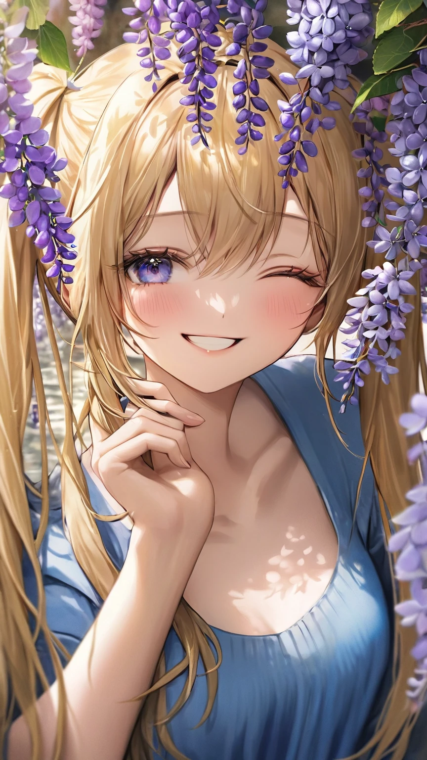 a beautiful young woman with long blonde hair in twin tails, wearing a blue camisole, smiling and holding a wisteria flower, detailed face and eyes, 1girl, highres, (best quality,4k,8k,highres,masterpiece:1.2),ultra-detailed,(realistic,photorealistic,photo-realistic:1.37), portrait, cinematic lighting, warm colors, natural setting, soft focus、An illustration