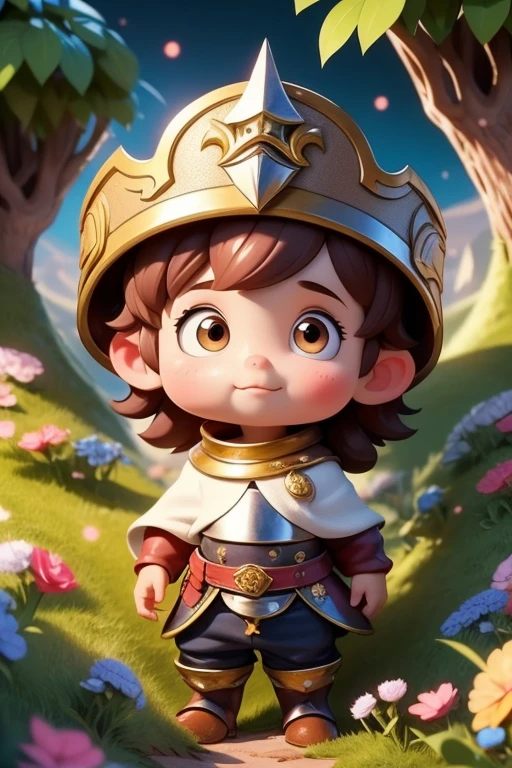 Boy, 8 years old, approximately 1.20 meters, slender and agile body, curious posture, oval face, with slightly pink cheeks, innocent and curious look, large and bright eyes, light brown in color, small nose, small mouth,  Become a brave knight who saves princesses in distress in a castle in the woods