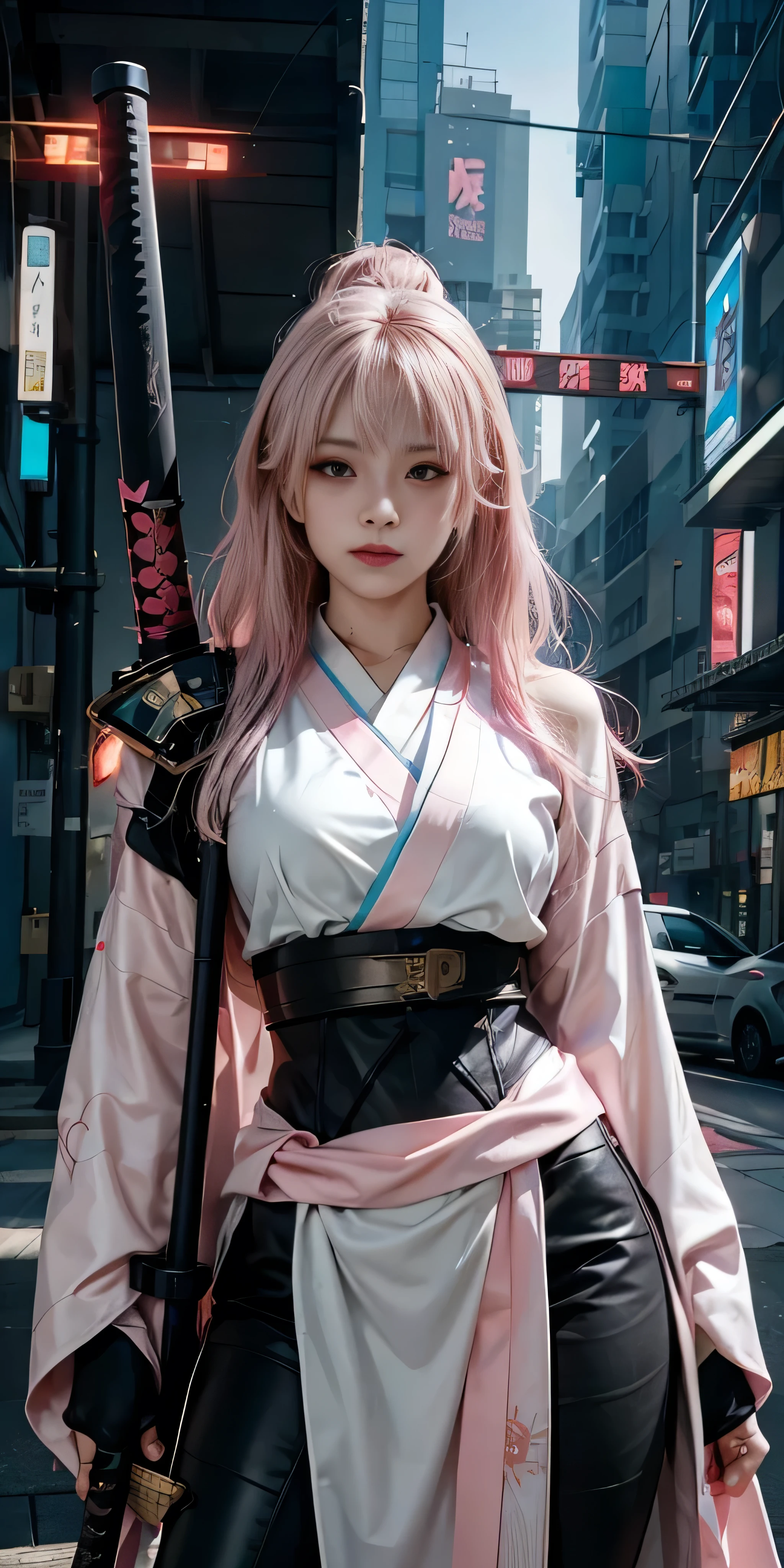 arafed woman in a pink kimono with a sword in a city, very beautiful cyberpunk samurai, anime girl cosplay, anime cosplay, anime style mixed with fujifilm, haruno sakura, anime inspired, anime girl in real life, anime style. 8k, cosplay, anime style 4 k, female cyberpunk anime girl, cyberpunk anime girl, wearing japanese techwear