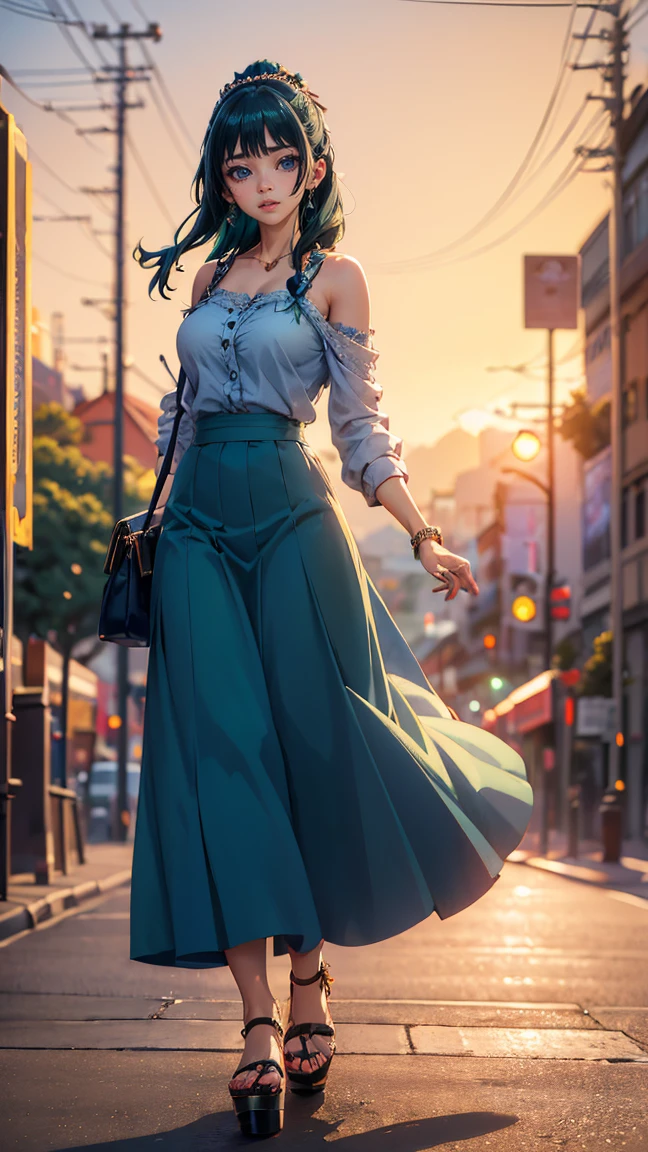 ((Best quality)), ((masterpiece)), (anime), a beautiful sexy woman walking  in a long skirt, a blouse and platform high heels, blue eyes, green hair, smooth skin, cleavage, ((full body)), smile, shoulders exposed, anime, green eyes, maomao, Under street lights, ((Sunset Dusk)), (((park))), curvu body,