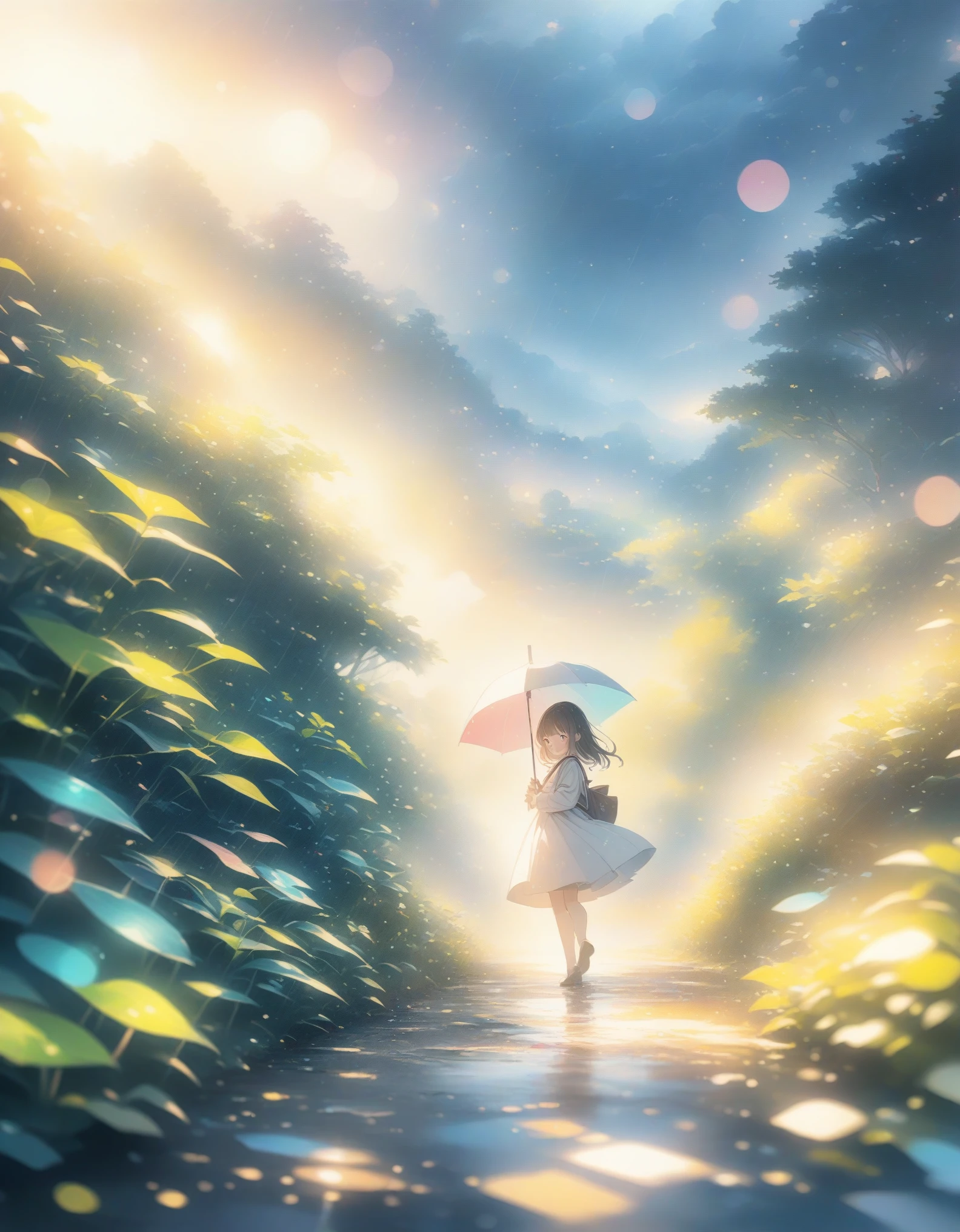 ((estilo:lápis de cor,cor pálida)),(anime)、(obra de arte:1.2),perspectiva atmosférica,lens Flare, F/2.8, 135mm、chuva、Foggy Forest、Luz Misteriosa、Garota、Os arredores parecem nebulosos